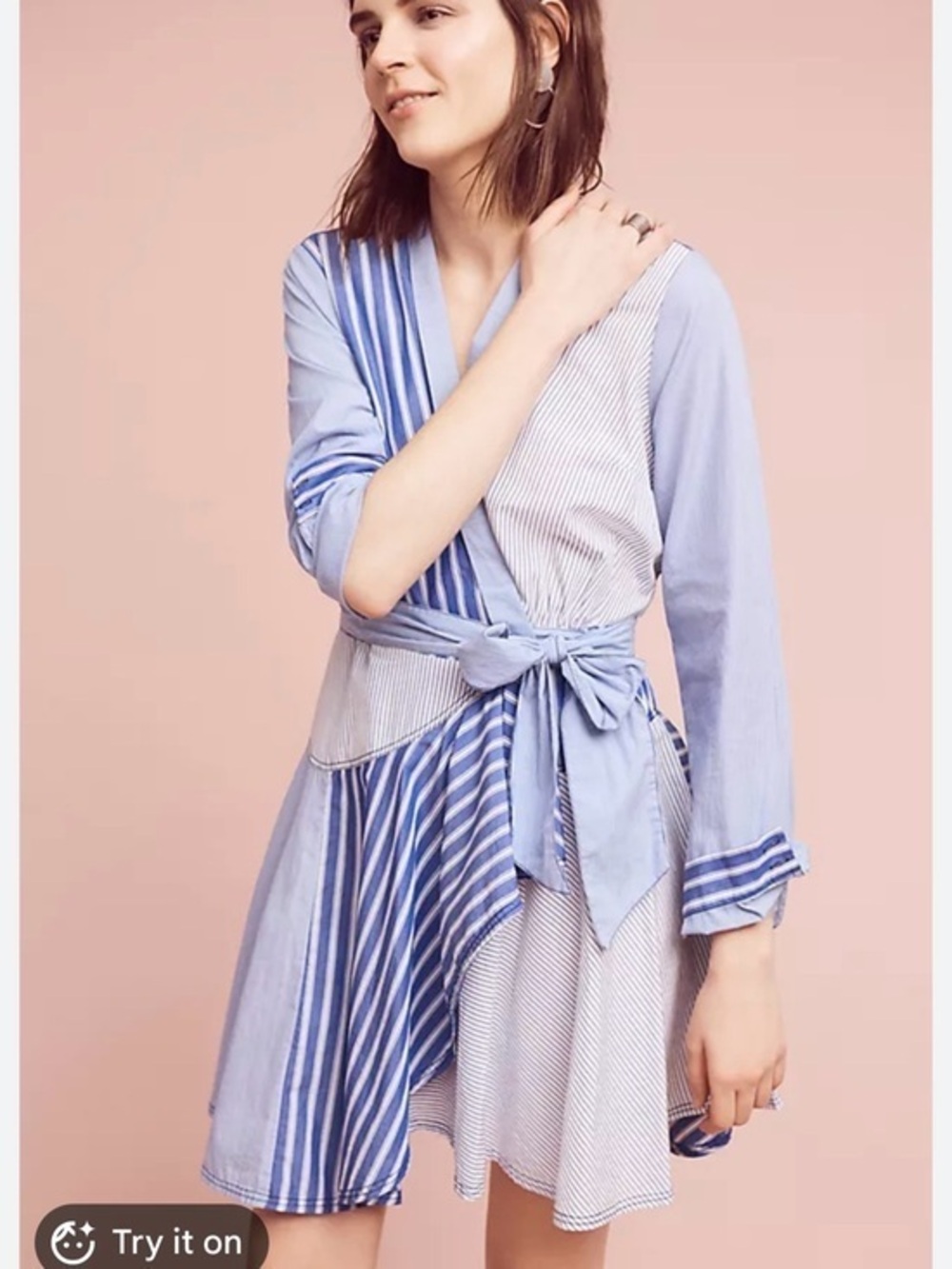 Maeve Anthropologie Mixed Stripe Wrap Mini Dress Blue White Colorblock Sz 0